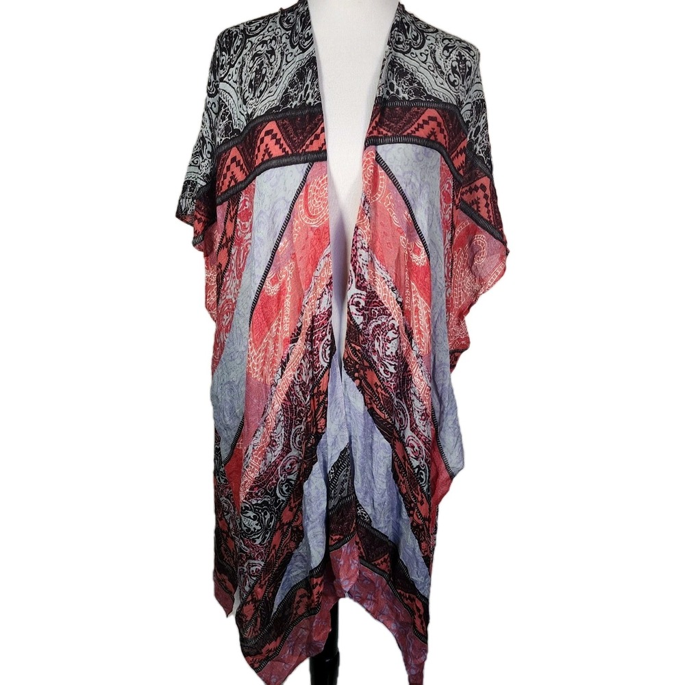 Lovestitch Kimono Wrap Red Purple Paisley Geometric Open Front I-13603W-RKU O/S‎